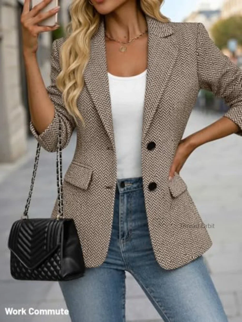 Herringbone Tweed Blazer Open Front Lined Pockets Work Office Casual - Picture 2 of 7